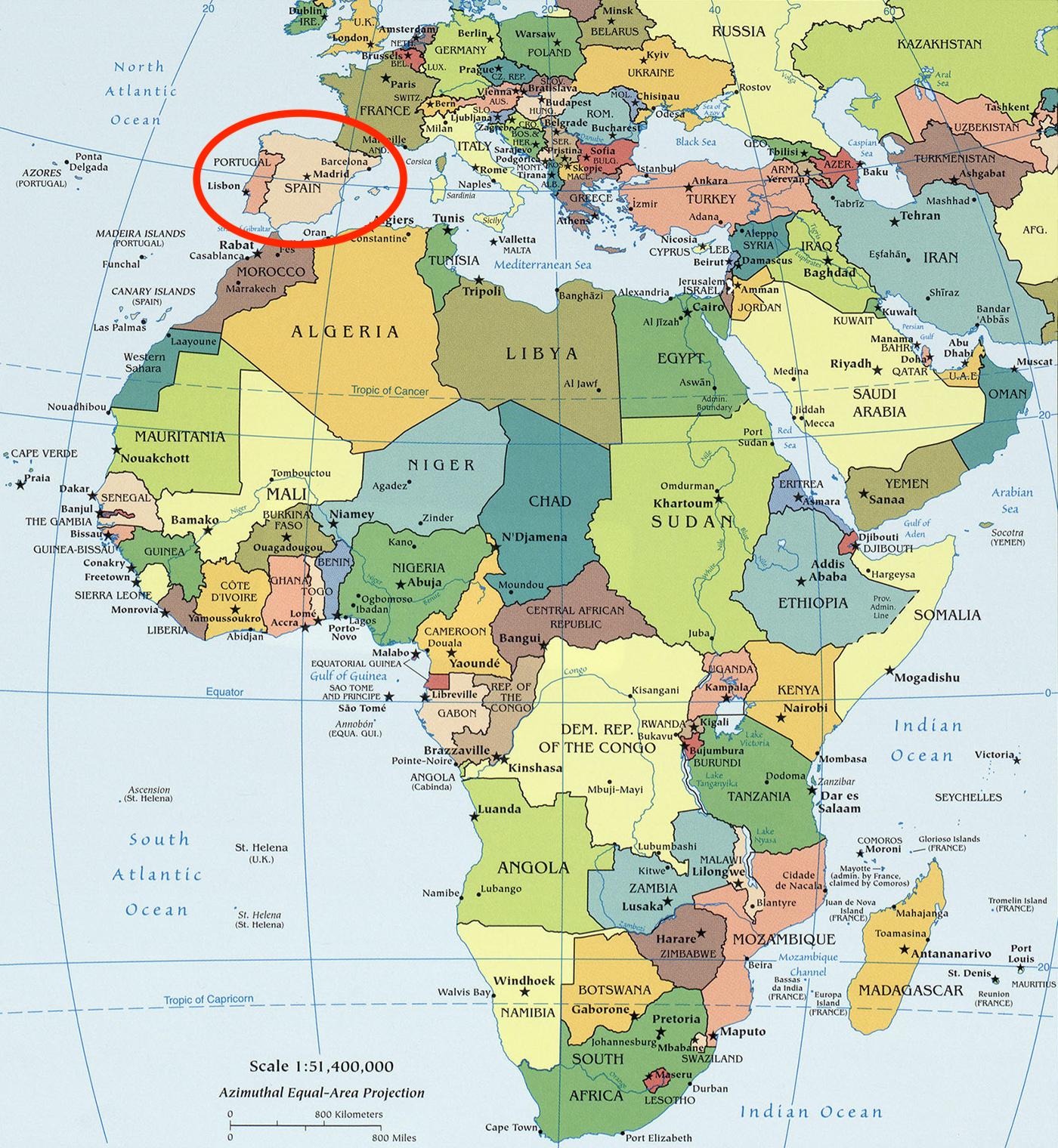 Kart over Spania og afrika - Afrika og Spania kart (Sør-Europa - Europa)